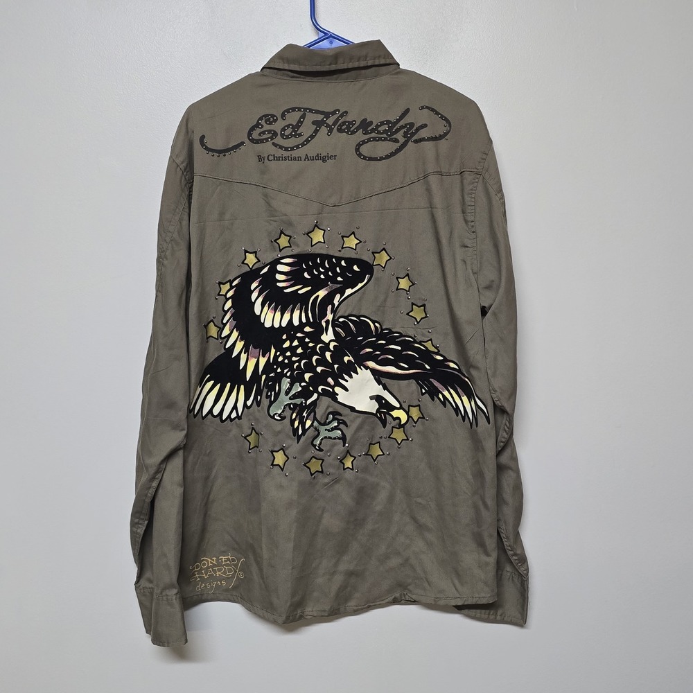 ED HARDY x Christian Audigier Pearl Snap Y2K Long Sleeve Shirt Studded Eagle XXL
